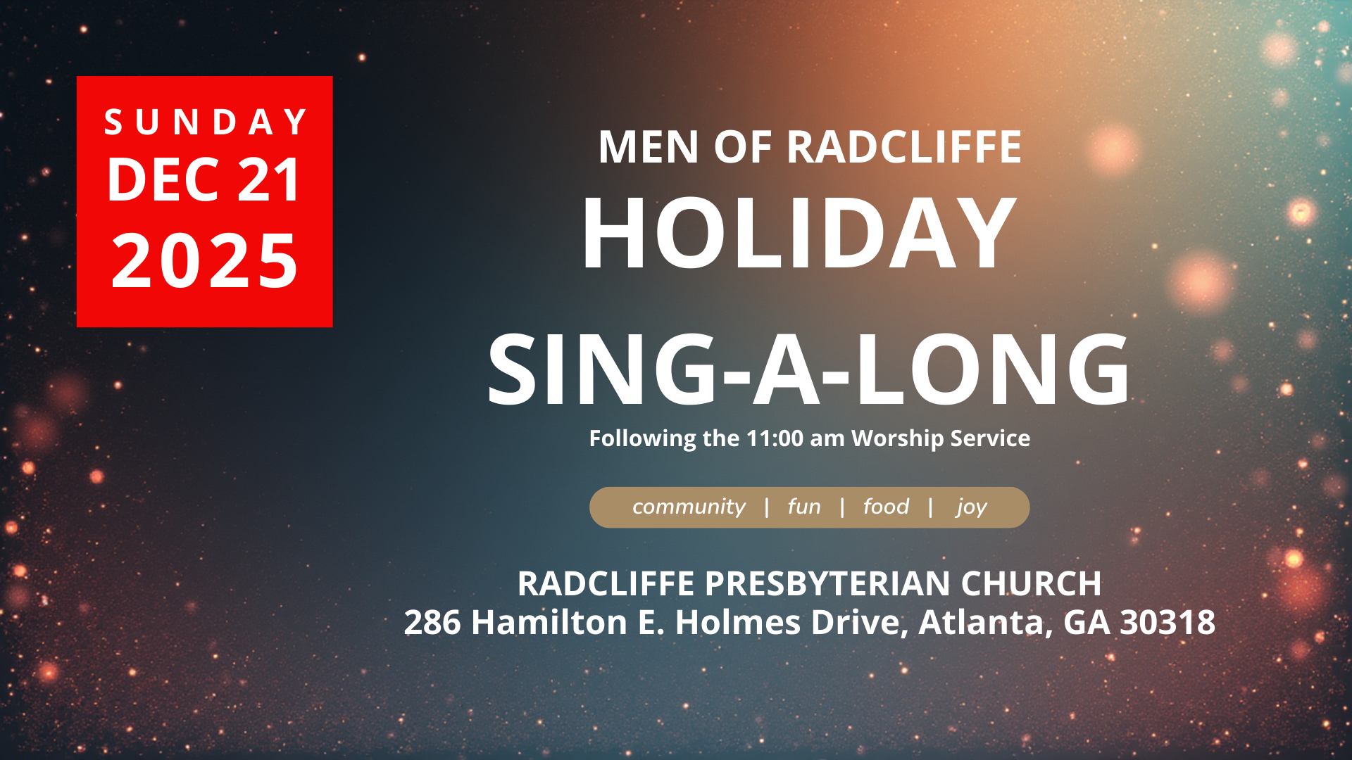 Festive flyer for the Men of Radcliffe Holiday Sing-A-Long on December 21, 2025, featuring community, food, and joy.