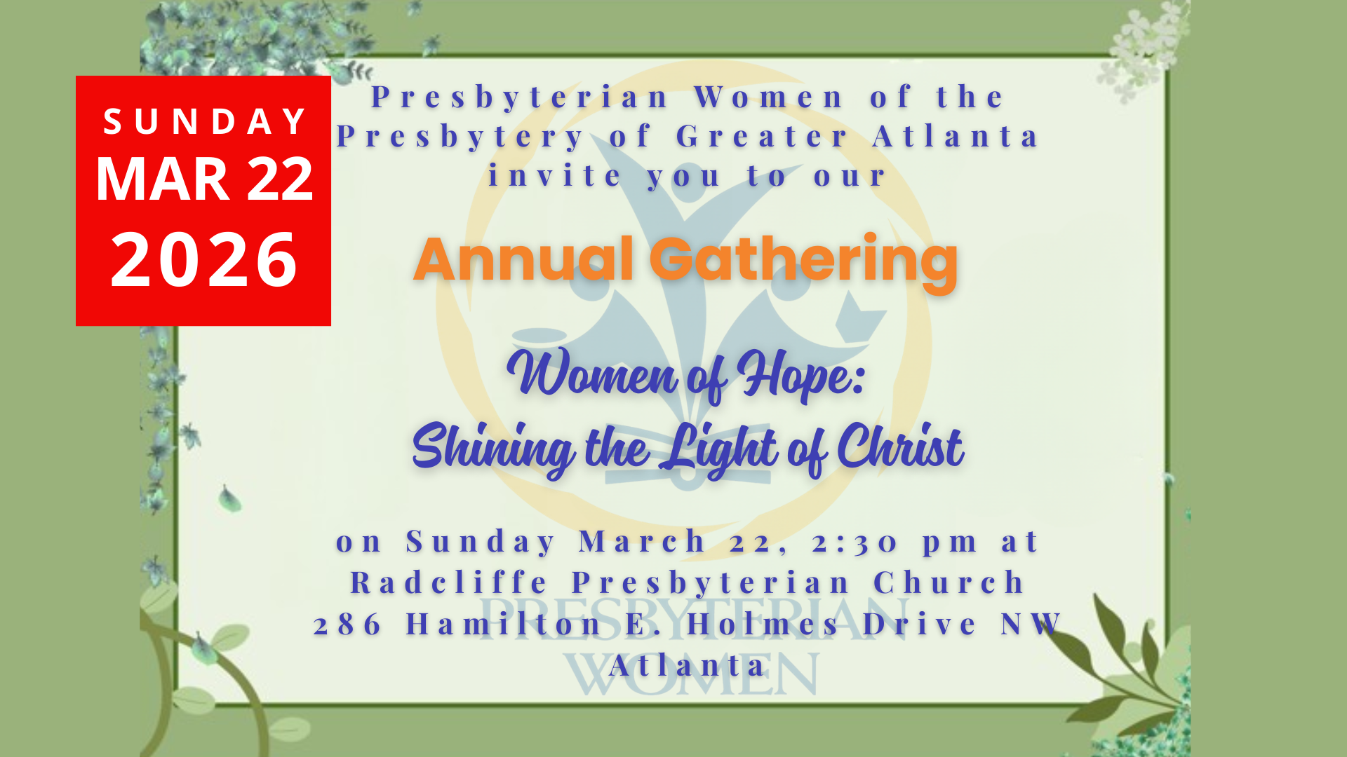 Official flyer for the 2026 Presbyterian Women in the Presbytery (PWP) Annual Gathering at Radcliffe Presbyterian Church. The image features the theme "Women of Hope: Shining the Light of Christ" with a stained-glass style illustration of a woman holding a candle.